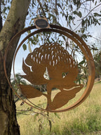 Australian Waratah Flower Round Rust Corten Steel Metal Hanging Double Ring 34cm