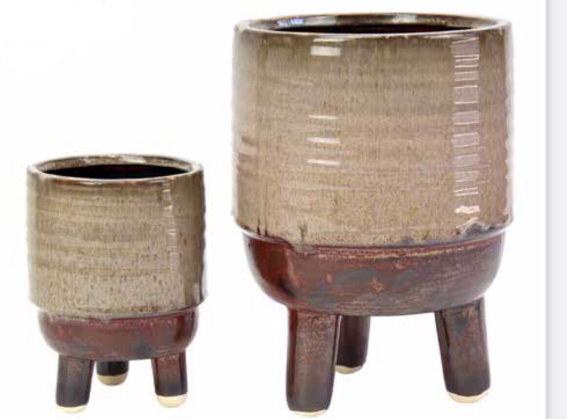 Glazed Ceramic Footed Pots Pot Set of 2 Round Indoor Plant Succulent Mocha Brown