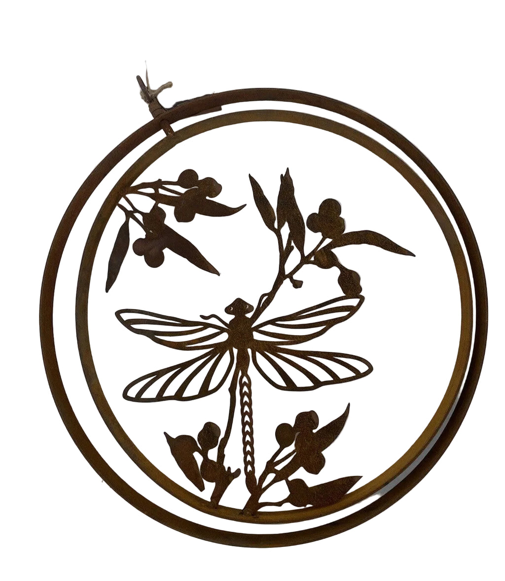 Dragonfly Garden Décor  Round Rust Corten Steel Metal Hanging Double Ring 34cm