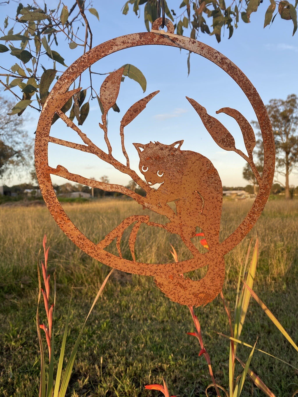 Possum Round Rust Corten Steel Metal Garden Wall Art Hanging Ring Home 28cm D