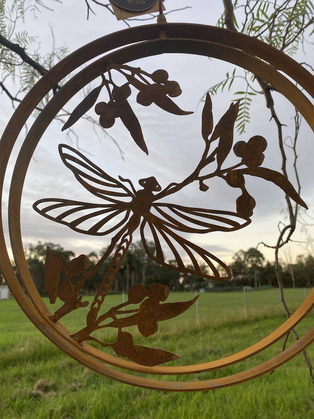 Dragonfly Garden Décor  Round Rust Corten Steel Metal Hanging Double Ring 34cm