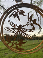 Dragonfly Garden Décor  Round Rust Corten Steel Metal Hanging Double Ring 34cm