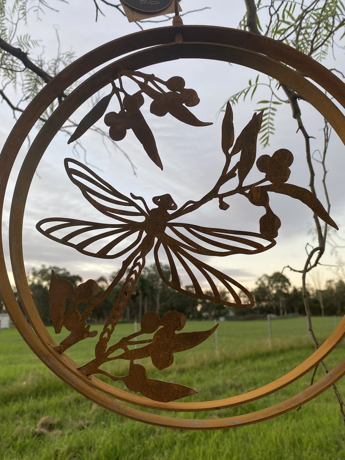 Dragonfly Garden Décor  Round Rust Corten Steel Metal Hanging Double Ring 34cm