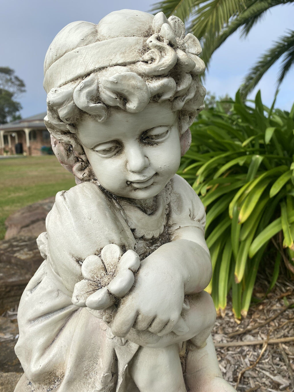 Girl Sitting with A Duck Garden Statue Figurine Ornament Children Antique White