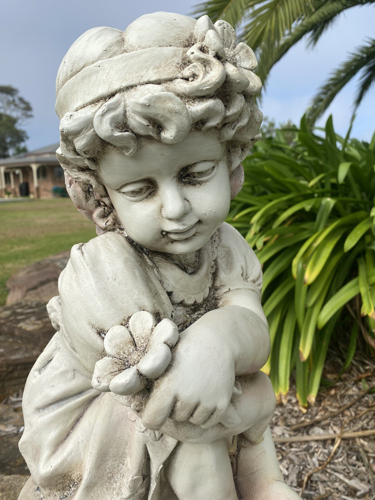Girl Sitting with A Duck Garden Statue Figurine Ornament Children Antique White
