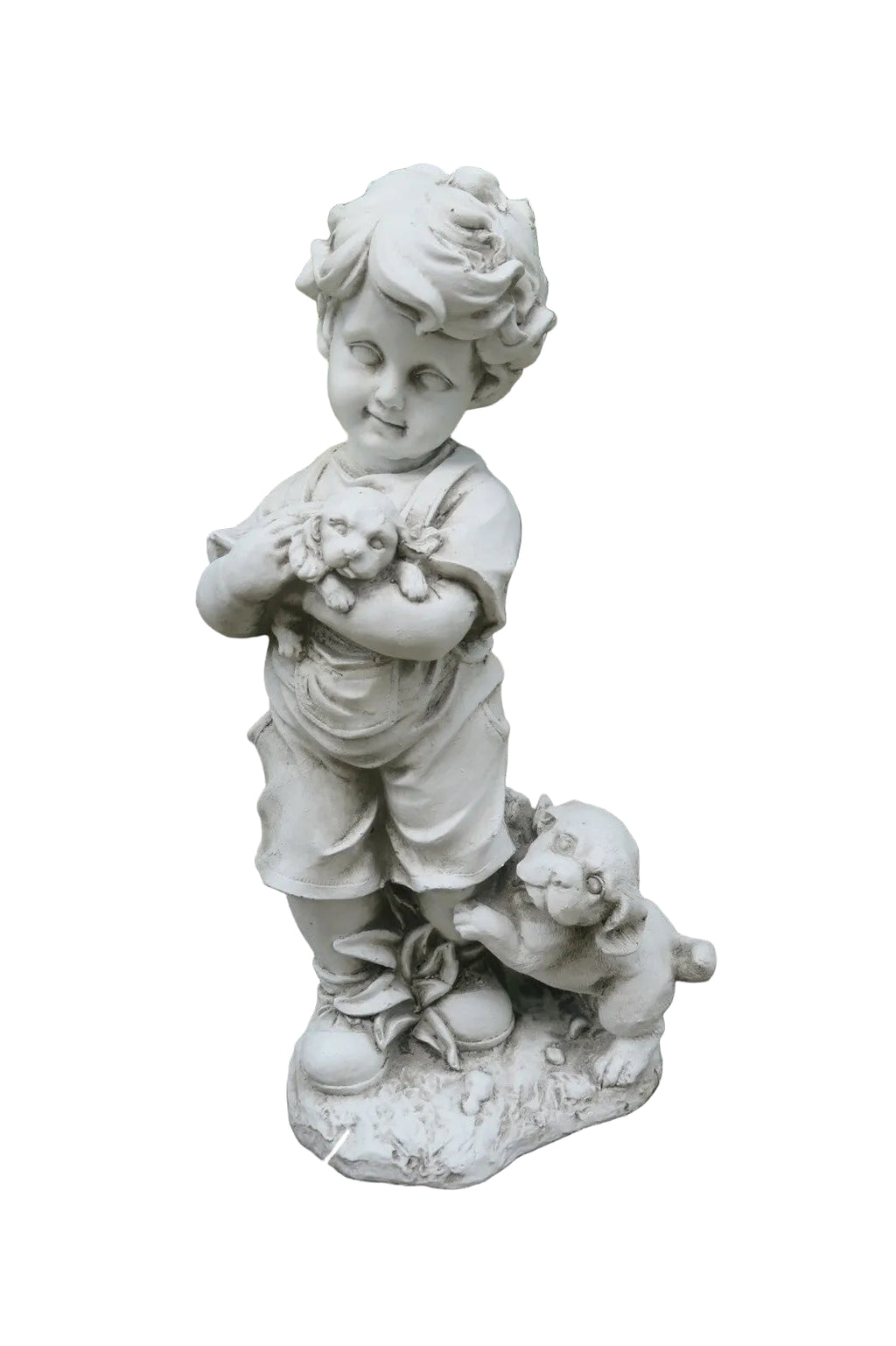 BOY STANDING WITH HIS TWO PUPPIES PUPPY DOG GARDEN STATUE ORNAMENT FIGURINE