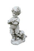 BOY STANDING WITH HIS TWO PUPPIES PUPPY DOG GARDEN STATUE ORNAMENT FIGURINE