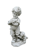 BOY STANDING WITH HIS TWO PUPPIES PUPPY DOG GARDEN STATUE ORNAMENT FIGURINE