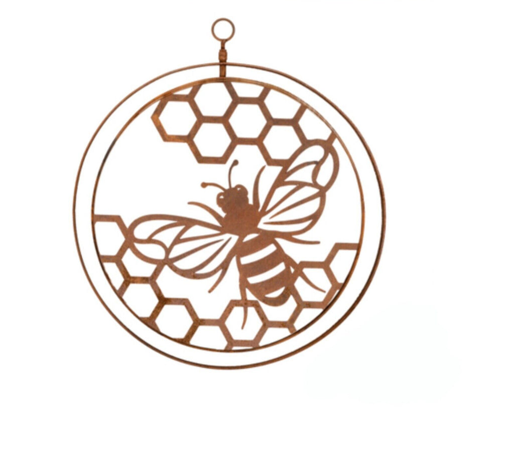 Bee on Honeycomb  Round Rust Corten Steel Metal Hanging Double Ring 34cm