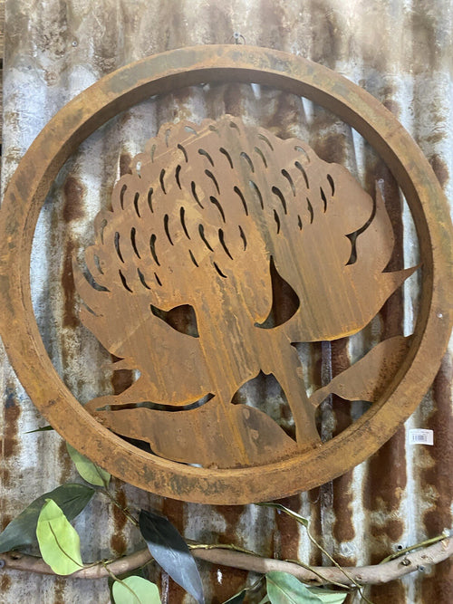Australian Native Waratah Garden Flower Round Rust Corten Metal Wall Art 60cm