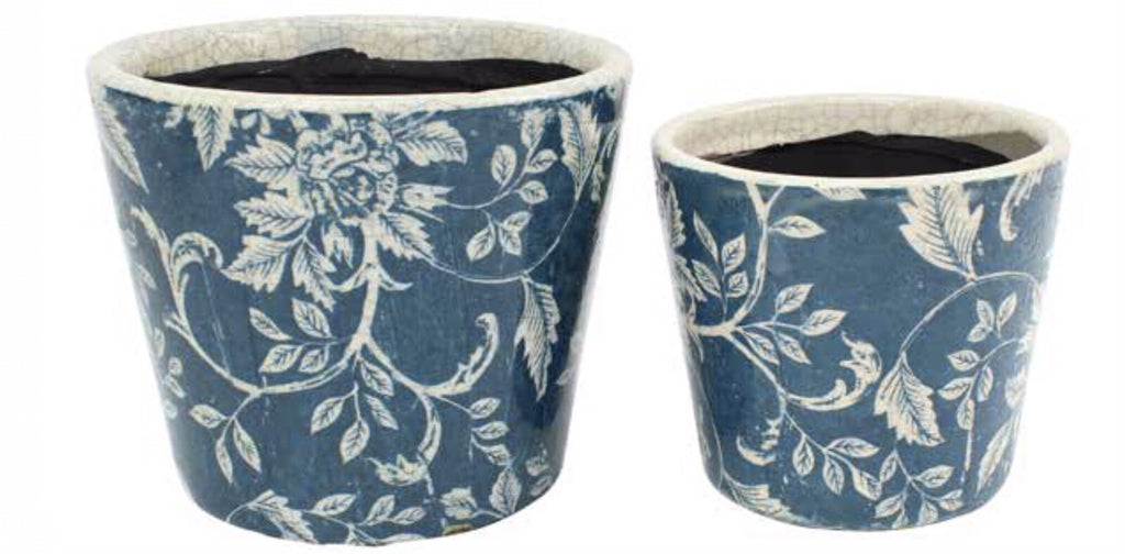 Rustic Floral Print Ceramic Pots Pot Set of 2 Round Indoor Plant Succulent Blue