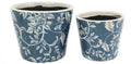 Rustic Floral Print Ceramic Pots Pot Set of 2 Round Indoor Plant Succulent Blue