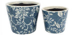 Rustic Floral Print Ceramic Pots Pot Set of 2 Round Indoor Plant Succulent Blue