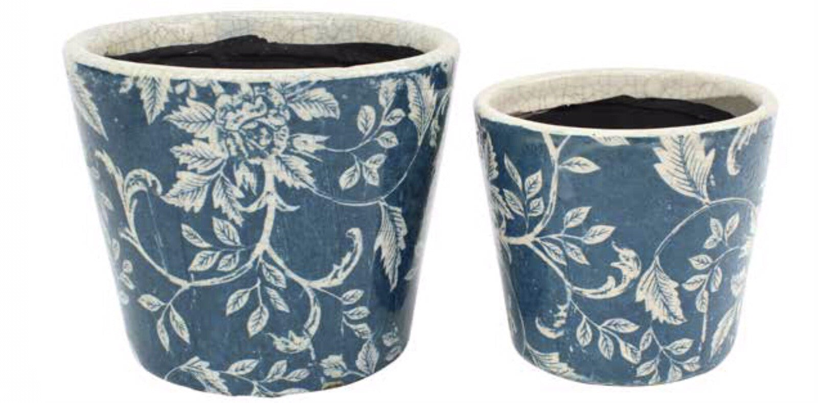 Rustic Floral Print Ceramic Pots Pot Set of 2 Round Indoor Plant Succulent Blue