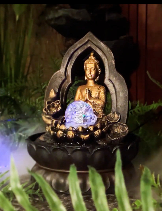 BUDDHA GOLD THAI GILT WATER FEATURE FOUNTAIN INDOOR OUTDOOR BENCH TOP HOME DECOR