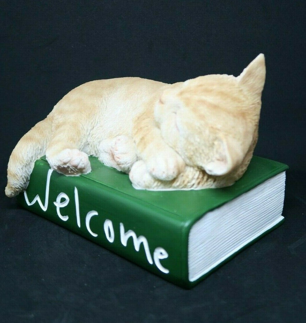 GINGER CAT KITTENS ASLEEP ON A GREEN BOOK ORNAMENT STATUE FIGURINE