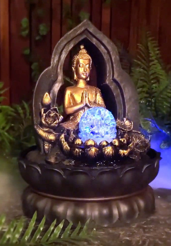 BUDDHA GOLD THAI GILT WATER FEATURE FOUNTAIN INDOOR OUTDOOR BENCH TOP HOME DECOR