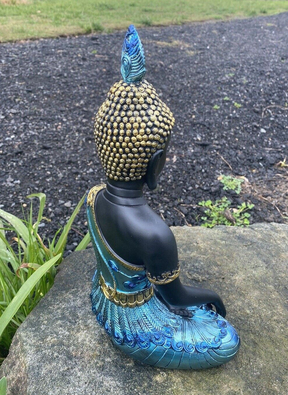 Meditating Thai Buddha In a Blue Peacock Statue Ornament Figurine Home Decor