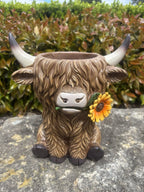 Highland Cow Resin Pot Planter Garden Ornament Sunflower Rustic Farmhouse Décor