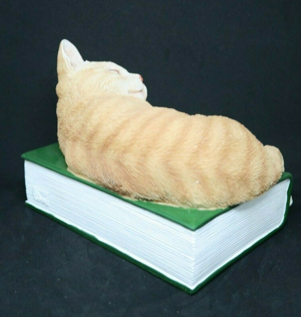 GINGER CAT KITTENS ASLEEP ON A GREEN BOOK ORNAMENT STATUE FIGURINE