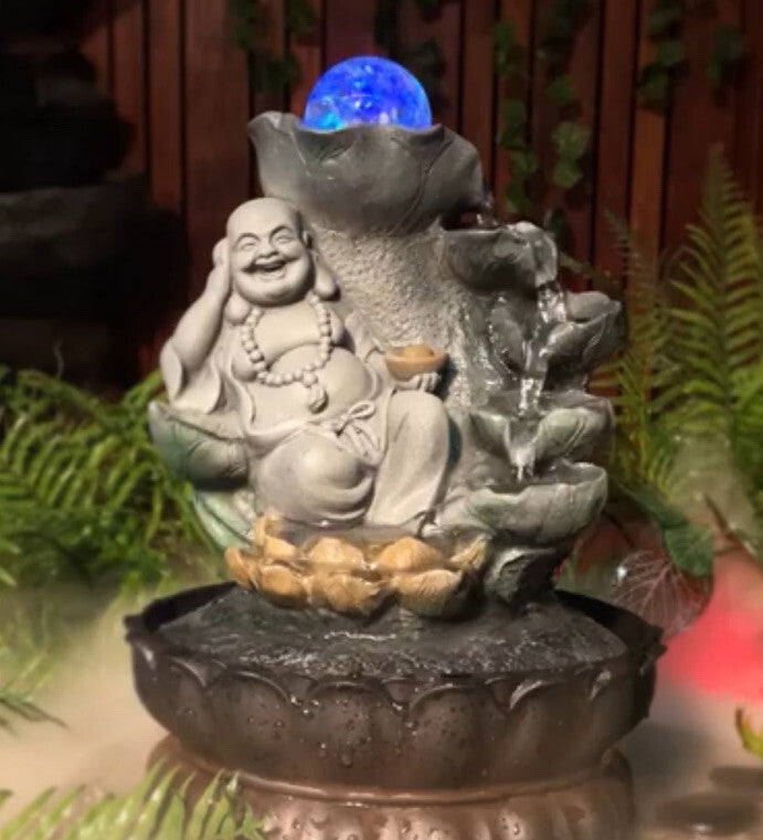 HAPPY BUDDHA  DRIFT WATER FEATURE FOUNTAIN INDOOR OUTDOOR BENCH TOP HOME DECOR