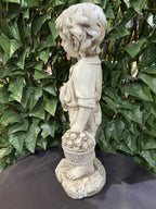 BOY STANDING HOLDING HIS PUPPY DOG GARDEN STATUE ORNAMENT FIGURINE