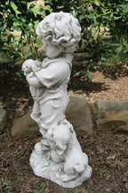 BOY STANDING WITH HIS TWO PUPPIES PUPPY DOG GARDEN STATUE ORNAMENT FIGURINE