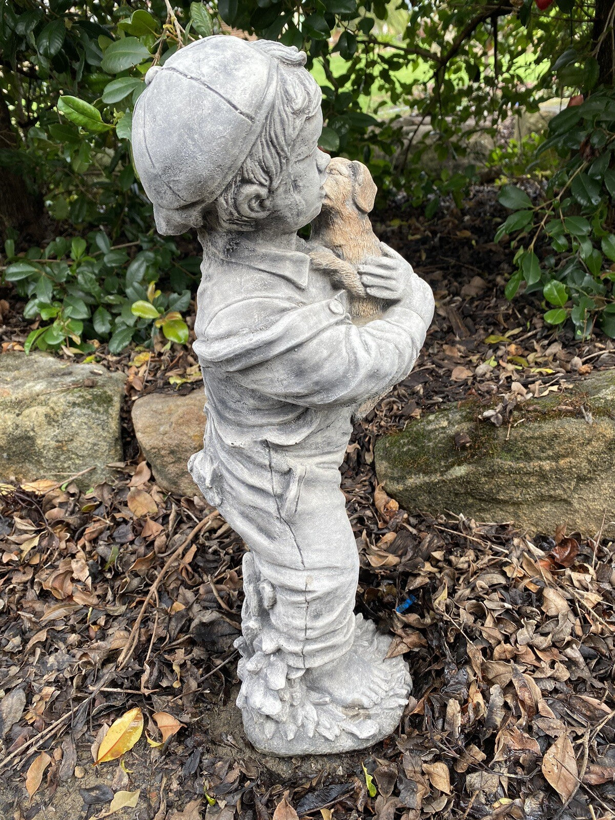 Boy Holding Dog Statue Ornament Animal Concrete Cement Garden Australian Made