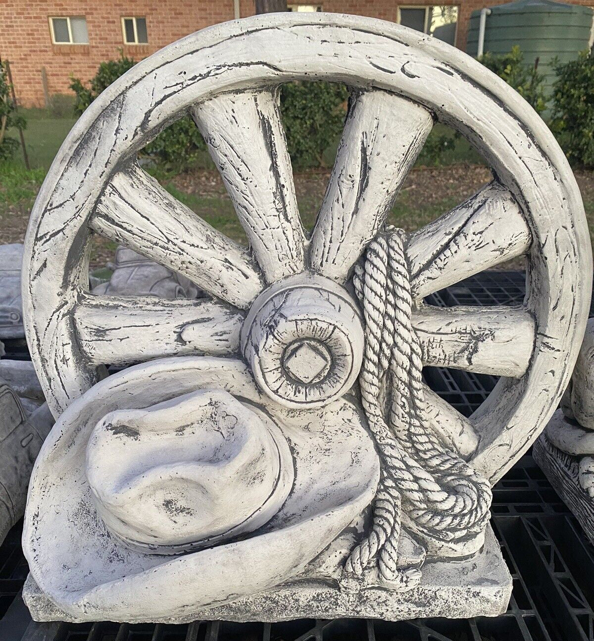 Anzac Wagon Wheel Double Sided Concrete Garden Statue Ornament  Australian Made