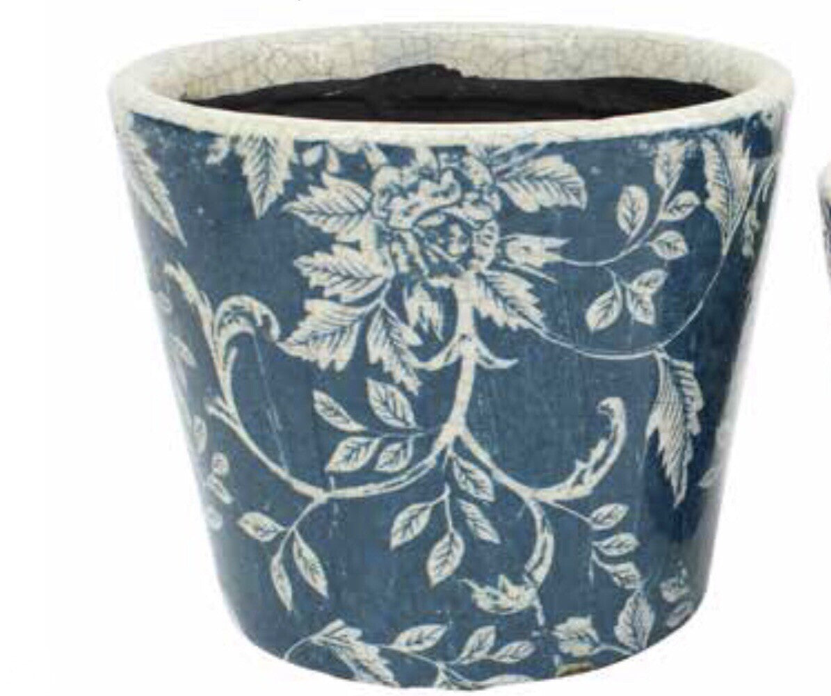Rustic Floral Print Ceramic Pots Pot Set of 2 Round Indoor Plant Succulent Blue