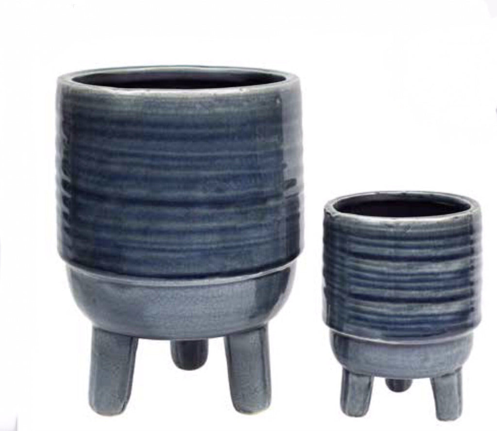 Glazed Ceramic Footed Pots Pot Set of 2 Round Indoor Plant Succulent Smokey Blue
