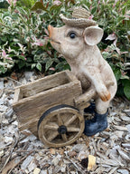 PIG PUSHING A WHEELBARROW  FARM ANIMAL GARDEN STATUE ORNAMENT FIGURINE