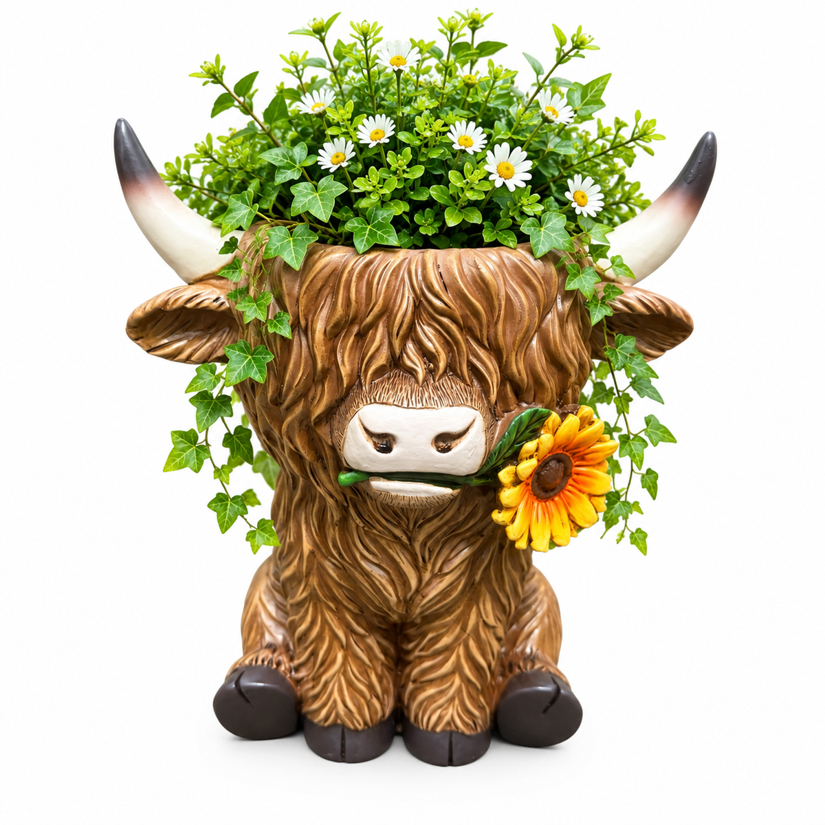 Highland Cow Resin Pot Planter Garden Ornament Sunflower Rustic Farmhouse Décor