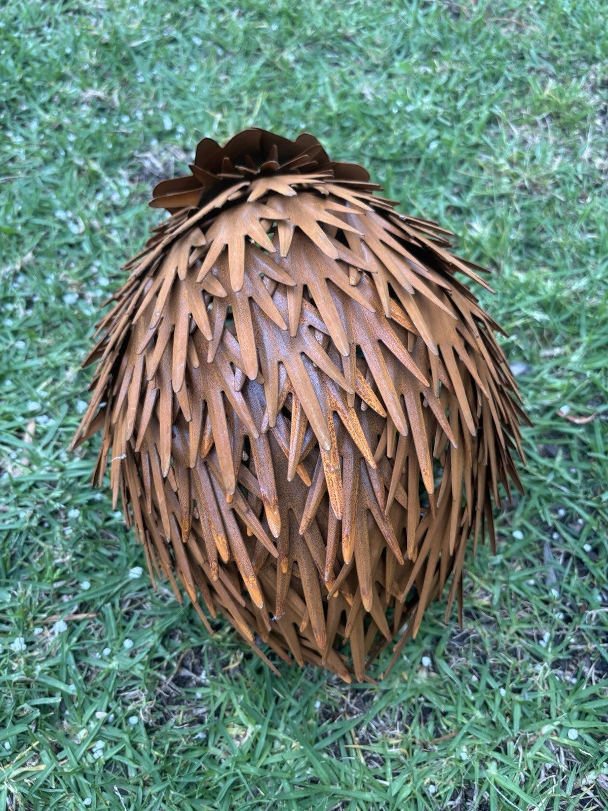 22nice4me Garden Statues metal Australian echidna with a brown rustic finish, viewed from above on green grass.