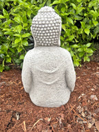 22nice4me Garden Statues meditating Buddha figurine with antique grey finish, viewed from the back in a garden