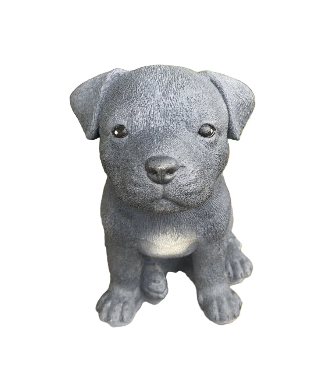Concrete Staffordshire bull terrier garden statue front view outdoor cement dog ornament