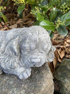 Close up detail of concrete pug garden statue textured cement finish