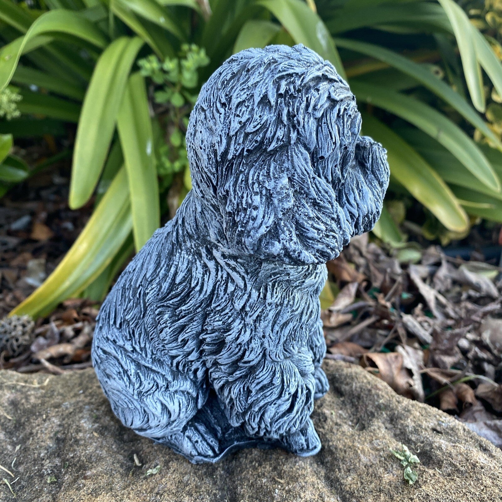 Sitting Cavoodle Concrete Garden Dog Statue Outdoor Ornament side view