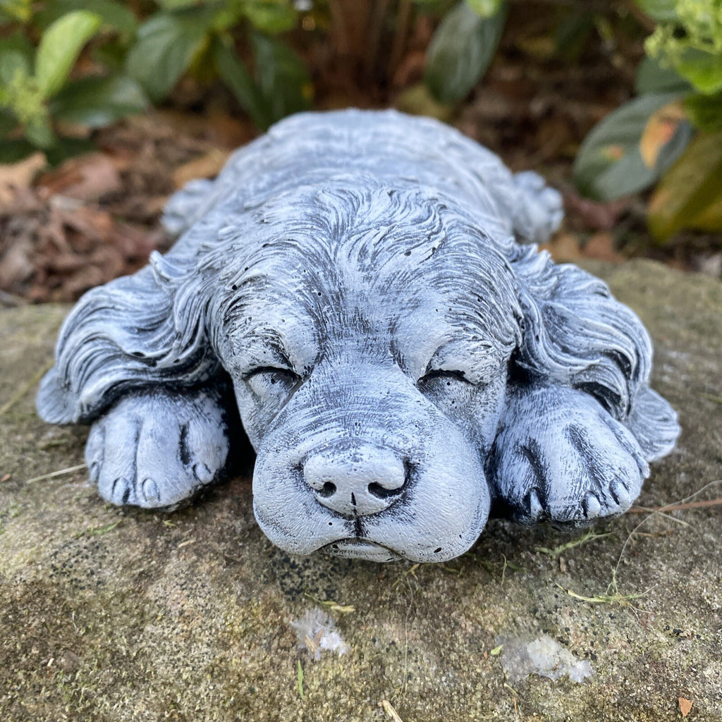 close up deatol of Concrete sleeping cavoodle garden statue outdoor cement dog ornament