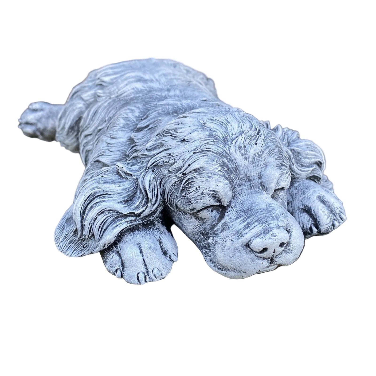 Concrete sleeping cavoodle garden statue front view outdoor cement dog ornament