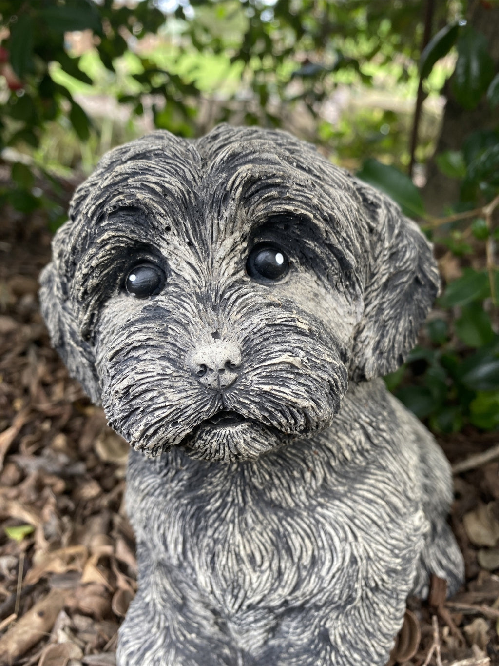 Close up detail of concrete Cavoodle garden statue textured cement finish