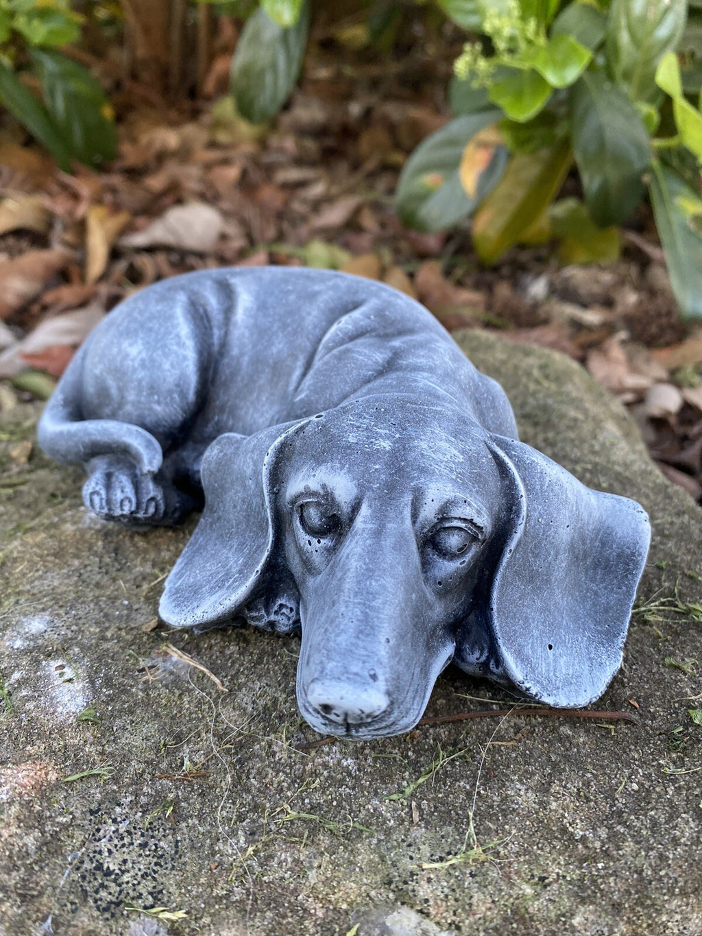 Concrete Dachshund garden statue detail outdoor cement dog ornament