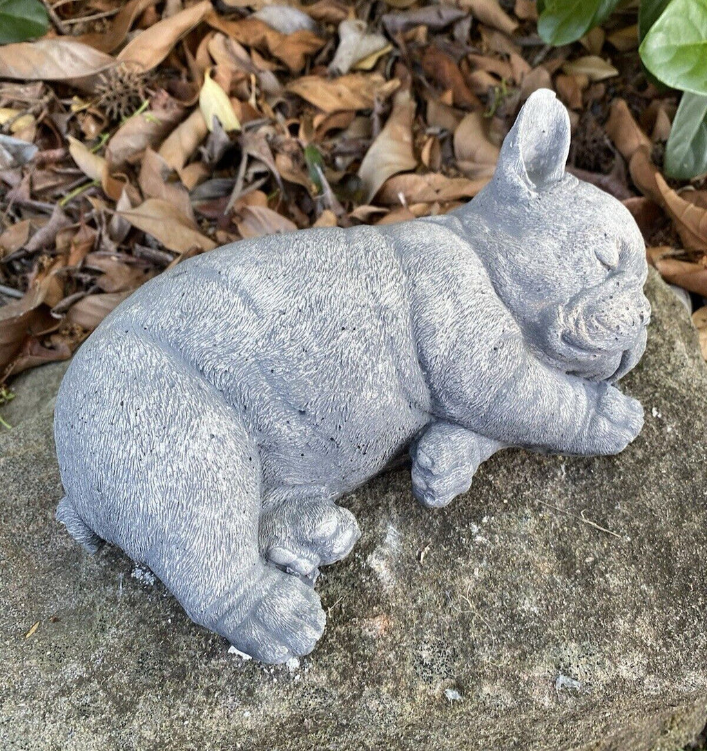 Side view of concrete french bulldog garden statue outdoor dog ornament