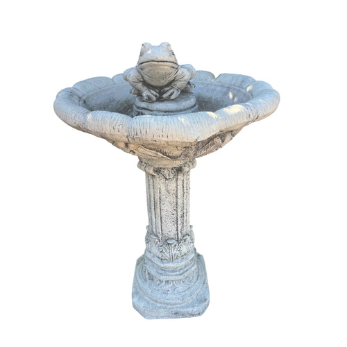 Australian made grey concrete bird bath featuring a detailed frog ornament on a pedestal