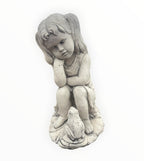 22nice4me Garden Statues concrete girl sitting with a frog, featuring a weathered grey stone-style finish.