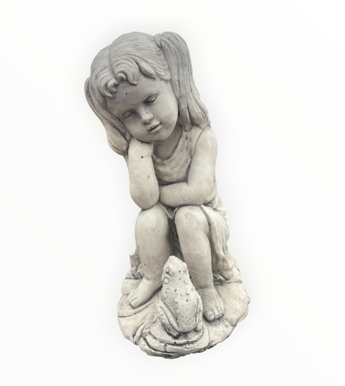 22nice4me Garden Statues concrete girl sitting with a frog, featuring a weathered grey stone-style finish.