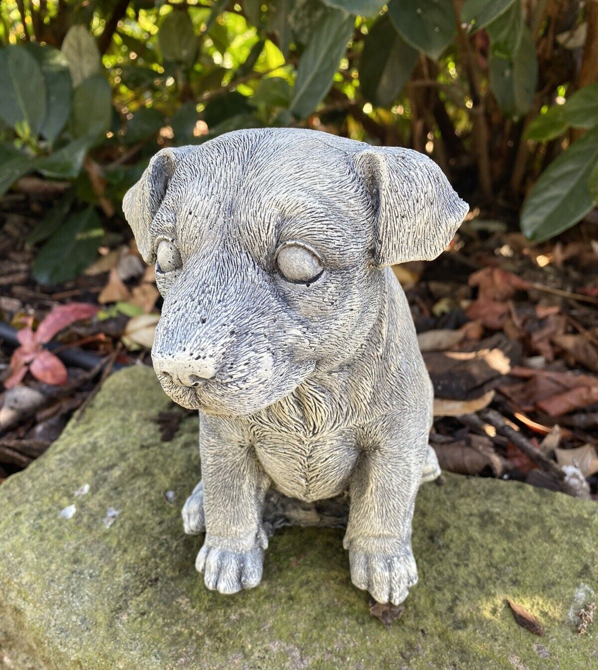 Side view of concrete jack Russell garden statue outdoor dog ornament