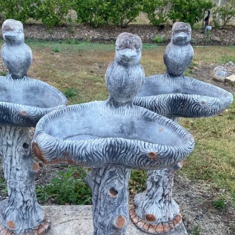 concrete kookaburra bird bath with a textured tree trunk base in a garden.