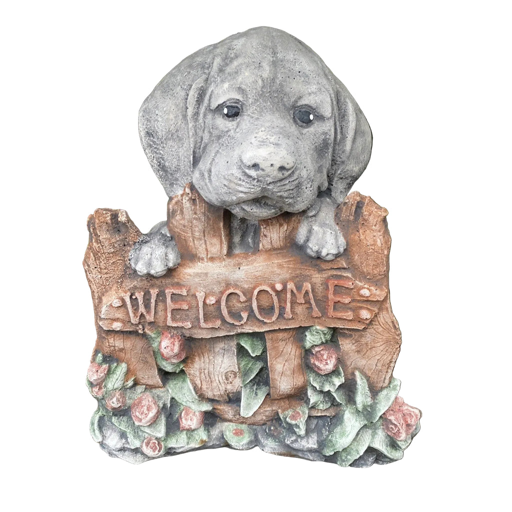 Concrete welcome larbrador garden statue front view outdoor cement dog ornament