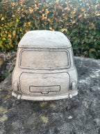 22nice4me Garden Statues concrete Mini Minor car ornament with detailed rear view, set on a stone surface.